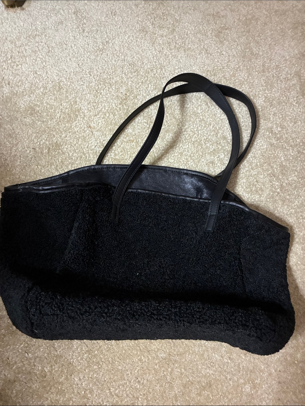Black Sherpa Tote Bag with Leather Handles